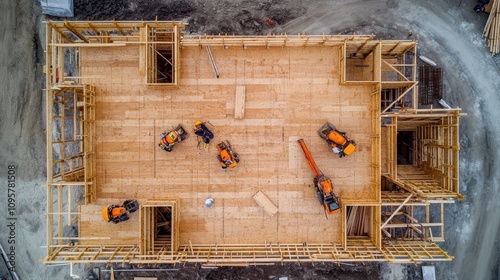 Aerial view of a building under construction. Illustrates the progress of wooden frame construction and machinery used on site.