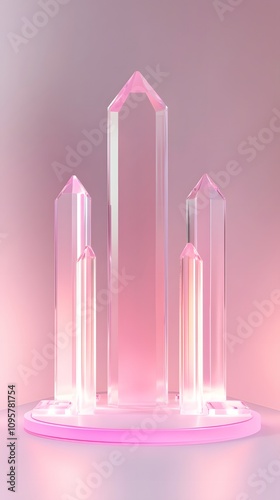 A romantic podium made of smooth crystal, with soft pink and white lighting illuminating it from all sides, leaving ample space in the center for showcasing a product.