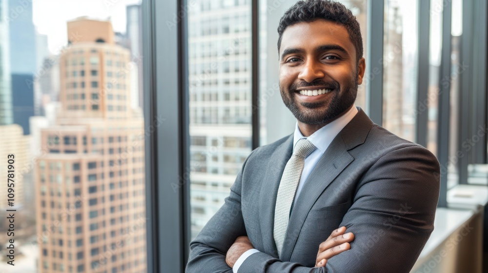 Confident businessman smiling with arms crossed in front of a large window looking out over a city skyline. Confident businessman smiling with arms crossed in front of a large window looking out over a city skyline.