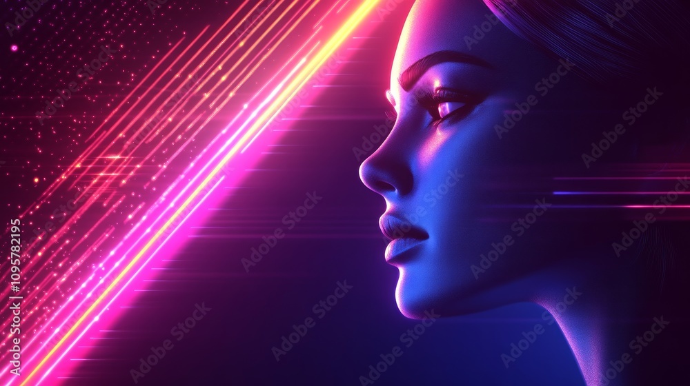Woman's profile illuminated by neon streaks. Woman's profile illuminated by neon streaks.