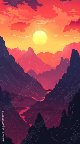 A vibrant sunrise over rugged mountains, casting warm hues across the valley, creating a serene and dramatic landscape.