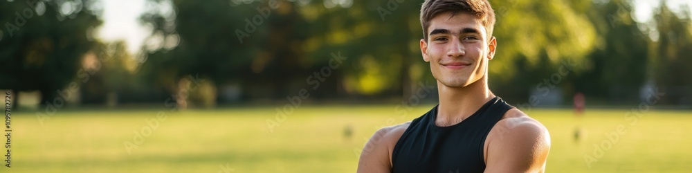 Handsome young man in a black sleeveless shirt smiling at the camera. Handsome young man in a black sleeveless shirt smiling at the camera.