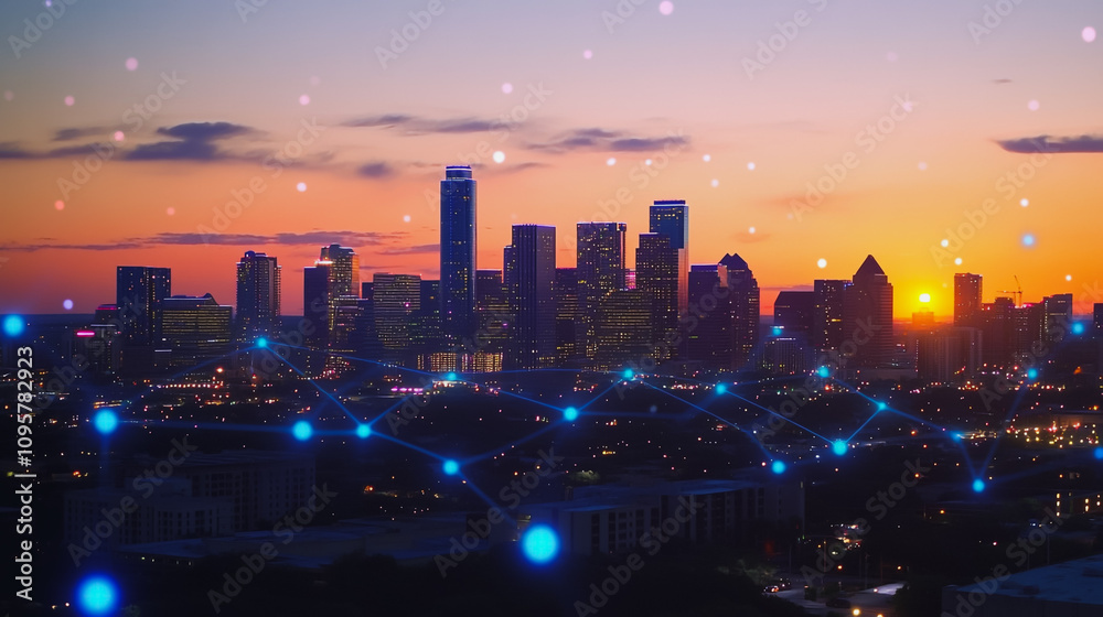 Obraz premium Smart digital city with connection Innovation network reciprocity over the sunset cityscape Concept of future wireless digital city and social media networking systems that connects business people