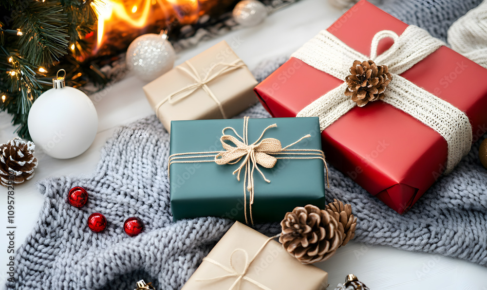 A cozy Christmas party scene with beautifully wrapped gifts, festive lights and traditional decorations. A cozy Christmas party scene with beautifully wrapped gifts, festive lights and traditional decorations.