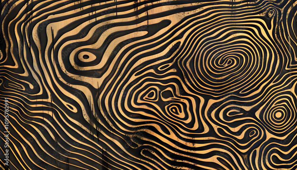 Fototapeta premium Intricate abstract lines create a mesmerizing pattern on a wooden surface, showcasing a blend of warm tones and dynamic shapes.