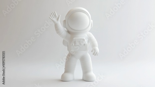 White astronaut figurine waving on a white background.