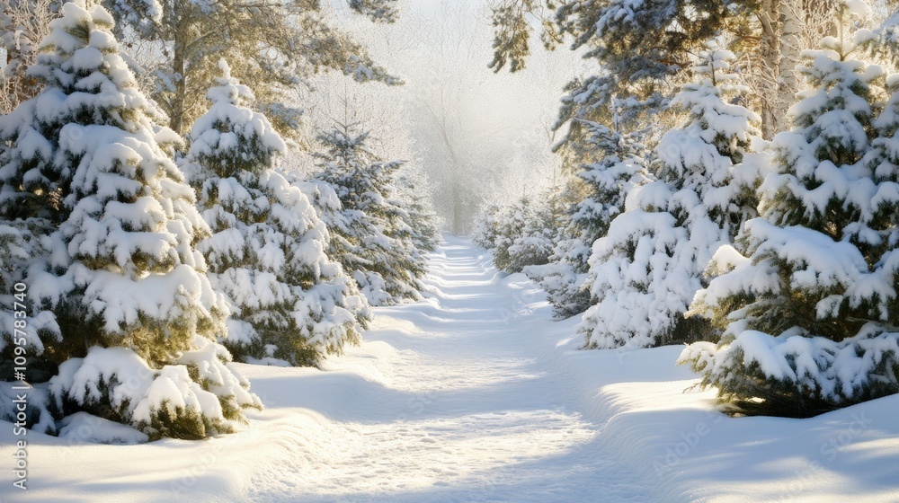Scenic Winter Forest Path Lined with Snow-Dusted Evergreens Scenic Winter Forest Path Lined with Snow-Dusted Evergreens