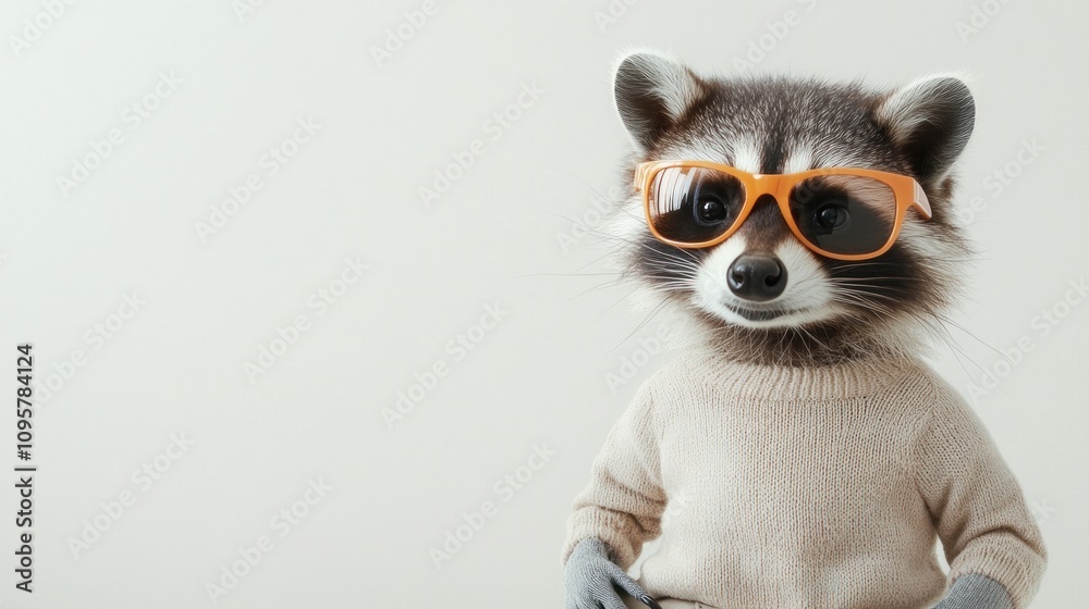 A raccoon wearing orange sunglasses and a beige sweater looks at the camera with a playful expression on a white background. A raccoon wearing orange sunglasses and a beige sweater looks at the camera with a playful expression on a white background.