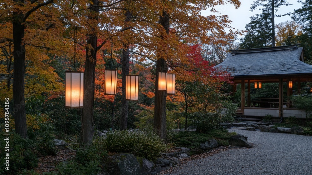 Serene Autumn Evening with Lanterns and Gentle Breeze