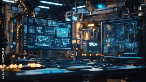 Futuristic control room with monitors displaying data.