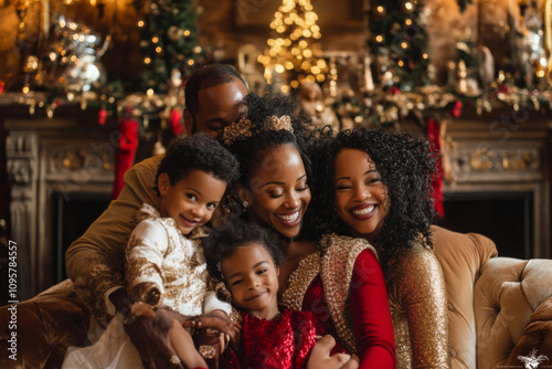 joyful family portrait celebrating holiday season, featuring man, woman, and three children dressed in festive attire, surrounded by beautifully decorated room