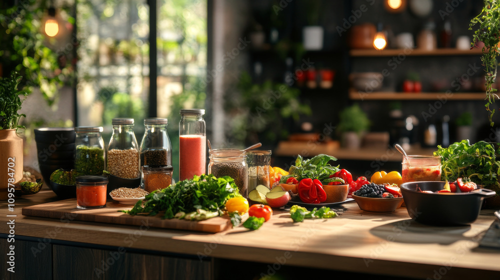 Fresh ingredients arranged on kitchen counter, showcasing vibrant vegetables, herbs, and jars of spices, creating lively and inviting atmosphere Fresh ingredients arranged on kitchen counter, showcasing vibrant vegetables, herbs, and jars of spices, creating lively and inviting atmosphere
