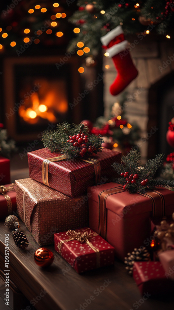 Christmas presents on the table, with lights and decorations in the background, a fireplace, and a Christmas tree, all bathed in a warm light. Christmas presents on the table, with lights and decorations in the background, a fireplace, and a Christmas tree, all bathed in a warm light.