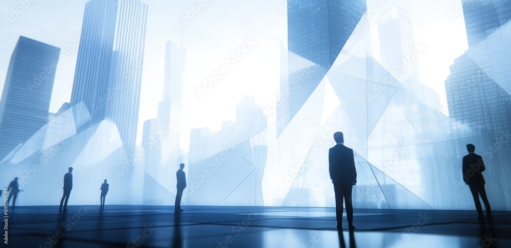 Silhouettes of businessmen looking out a window at a futuristic cityscape. Silhouettes of businessmen looking out a window at a futuristic cityscape.