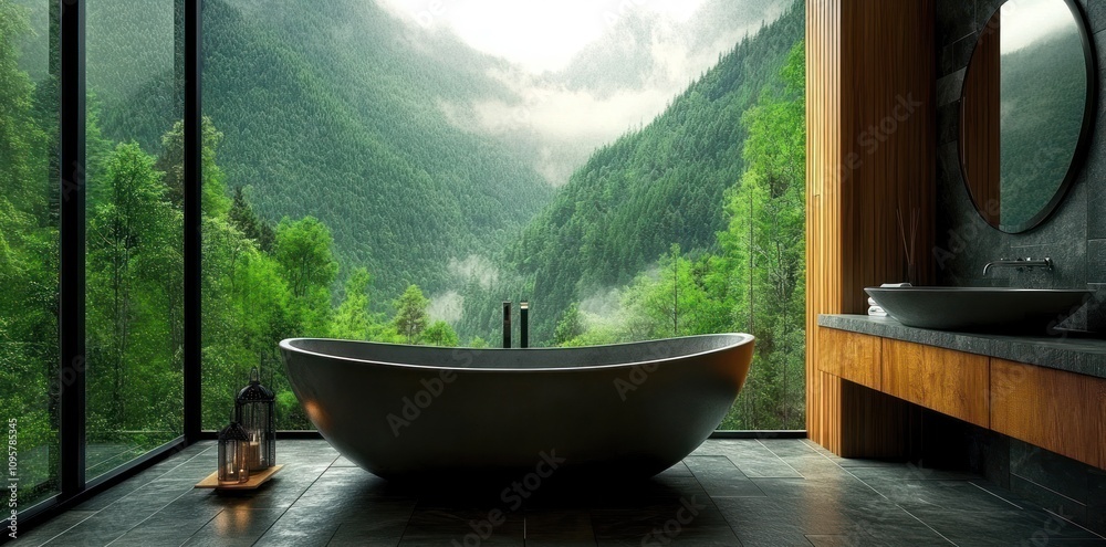 Modern bathroom with large window overlooking a lush green valley. Modern bathroom with large window overlooking a lush green valley.