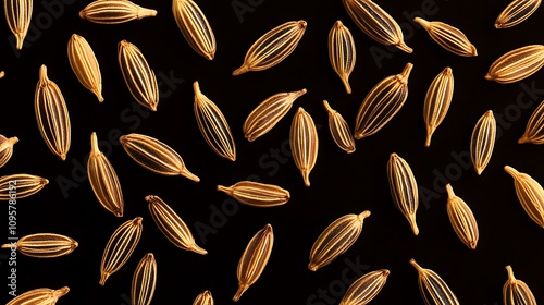 Caraway Seeds Scattered on Black Background: A Close-Up Food Photography Image. AI Generated