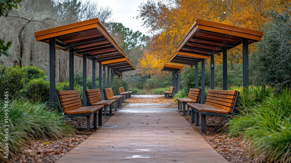 Autumnal Park Pathway with Wooden Benches and Shelters Autumnal Park Pathway with Wooden Benches and Shelters