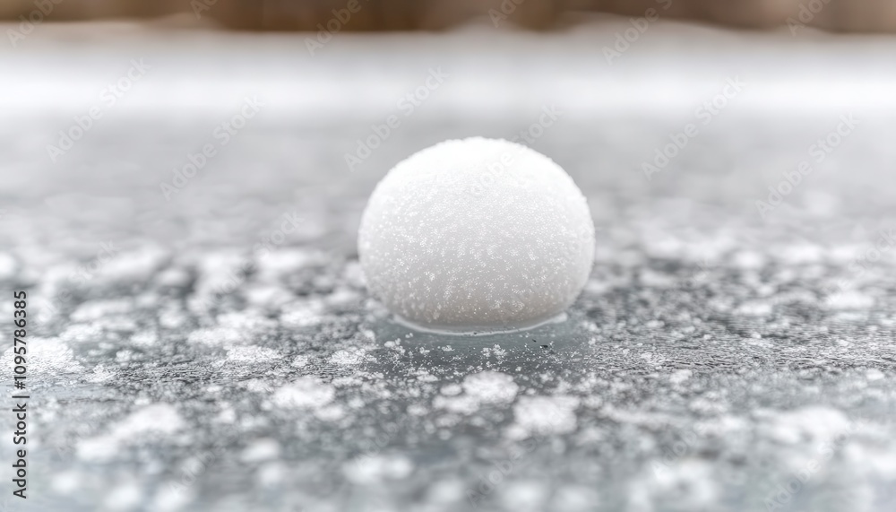 A perfectly formed snowball rests on a frozen surface. A perfectly formed snowball rests on a frozen surface.