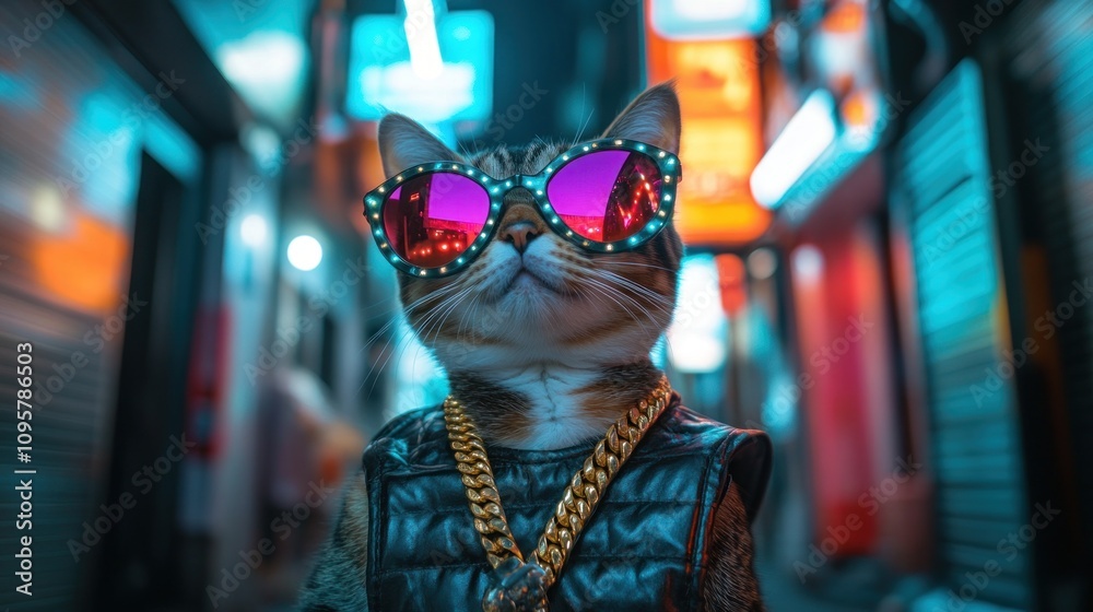 Cool cat wearing sunglasses and gold chain in a neon lit city alley.
