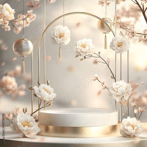 Fototapeta Naklejka Na Ścianę i Meble -  A soft and elegant podium with golden peony designs and hanging lanterns, set against a blurred, muted background, leaving a clean space for showcasing a product.