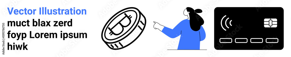 Cryptocurrency coin, person interacting with diagrams, and credit card elements symbolize digital finance and transactions. Ideal for fintech, education, cryptocurrency, e-commerce, financial Cryptocurrency coin, person interacting with diagrams, and credit card elements symbolize digital finance and transactions. Ideal for fintech, education, cryptocurrency, e-commerce, financial