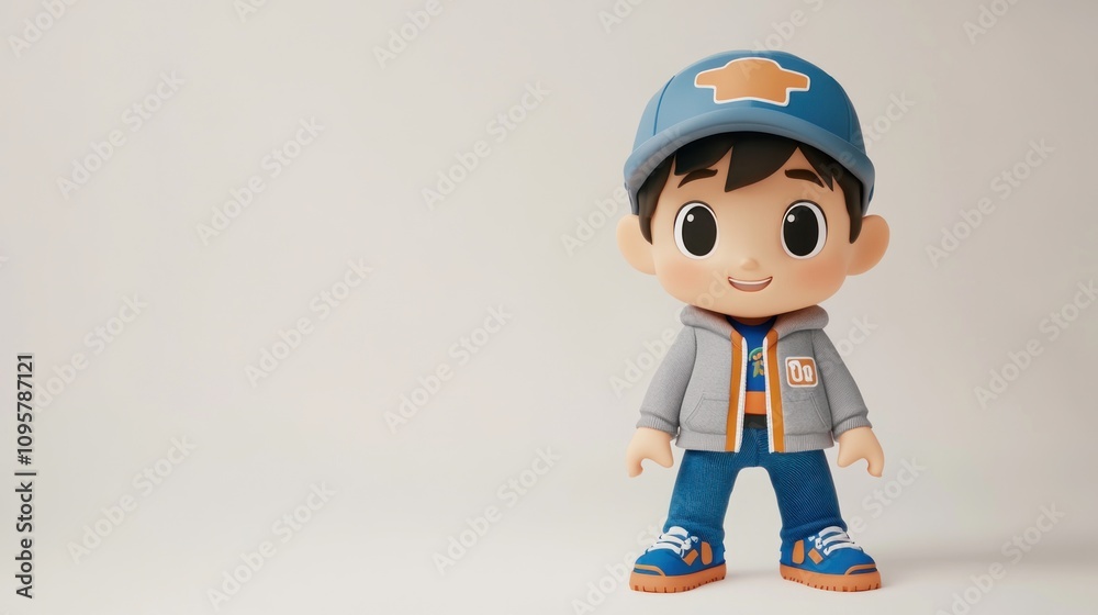 A cartoon boy wearing a blue baseball cap and a grey jacket smiles at the camera. A cartoon boy wearing a blue baseball cap and a grey jacket smiles at the camera.