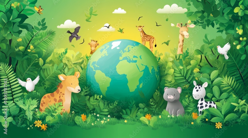 Obraz premium Diverse animals surround a green Earth globe in a lush jungle setting.
