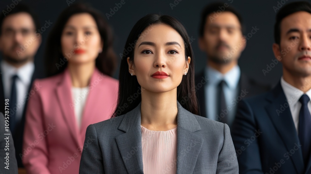 A group of professionals stands in formation, showcasing diversity and confidence, with a focus on a woman at the forefront in a business environment. A group of professionals stands in formation, showcasing diversity and confidence, with a focus on a woman at the forefront in a business environment.