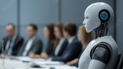 A humanoid robot is positioned at a boardroom table, observing a meeting with professionals engaged in discussion.