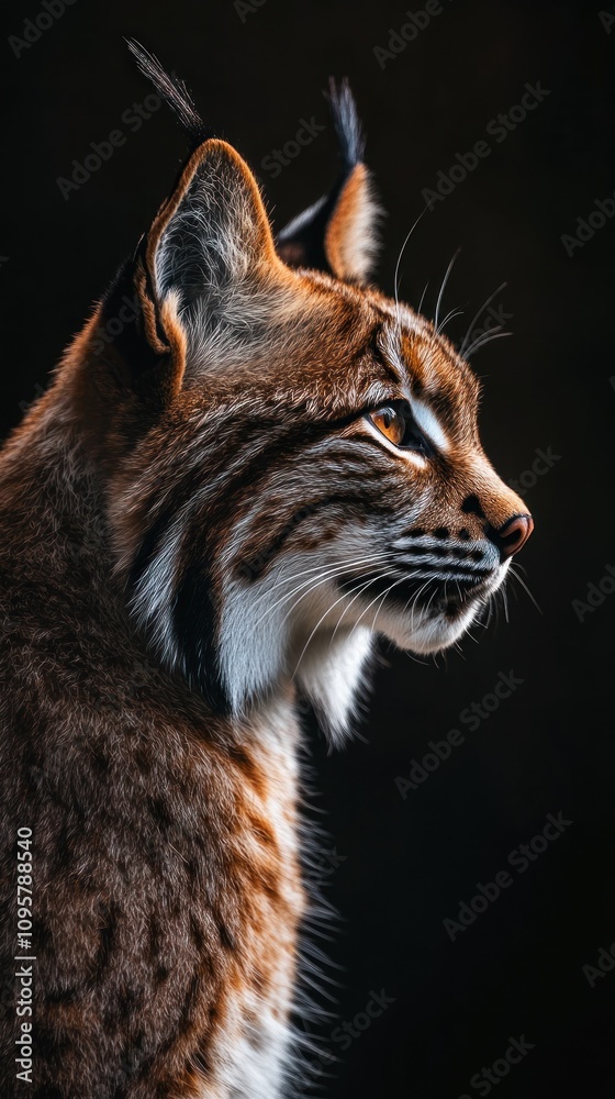 A Eurasian lynx with sharp, focused eyes stares intently to the side against a black background. A Eurasian lynx with sharp, focused eyes stares intently to the side against a black background.