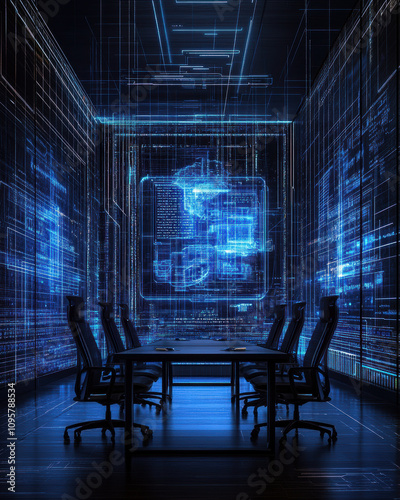 A sleek, modern conference room is immersed in a digital environment, featuring blue holographic displays and sleek design, highlighting the intersection of technology and collaboration. photo