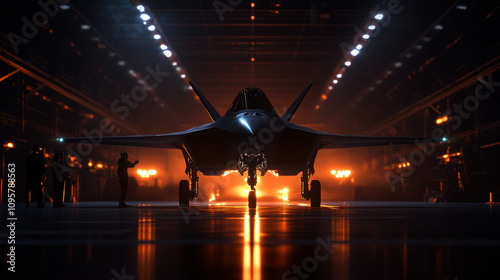 A stunning silhouette of a stealth fighter jet in a dimly lit hangar, with dramatic lighting and a crew preparing for action, embodying the spirit of modern aviation. photo