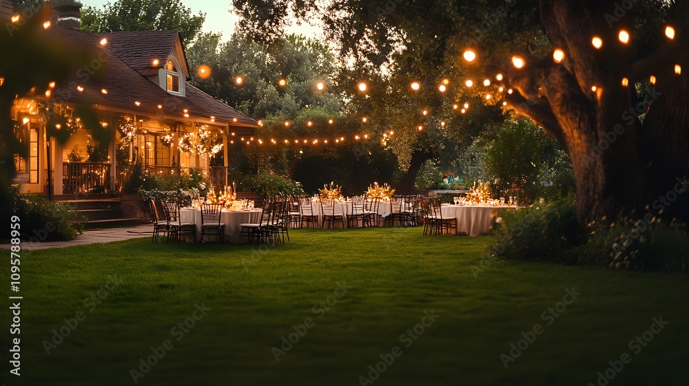 Obraz premium Enchanting outdoor evening event with elegant tables and string lights.