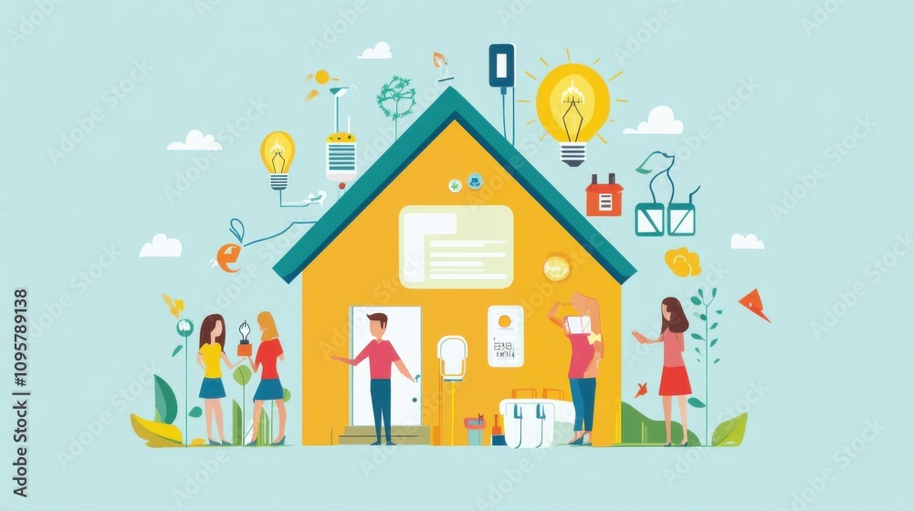 Vector illustration of people in front of eco house. Eco friendly house concept. Vector illustration of people in front of eco house. Eco friendly house concept.