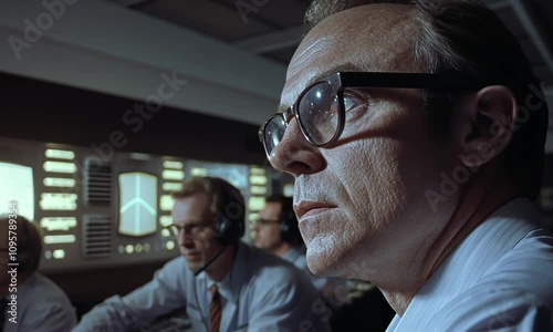 Focused team of professionals analyzing data in a retro control room setting, showcasing intense concentration and teamwork in a high-stakes environment for a successful mission