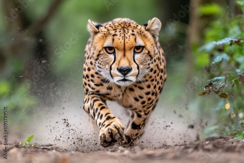 A cheetah sprinting at full speed across a dusty plain, with motion blur capturing its incredible pace photo