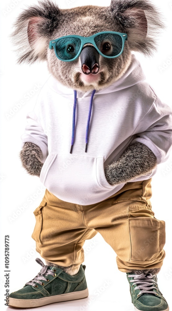 A koala wearing a white hoodie, sunglasses, khaki pants, and green sneakers. A koala wearing a white hoodie, sunglasses, khaki pants, and green sneakers.
