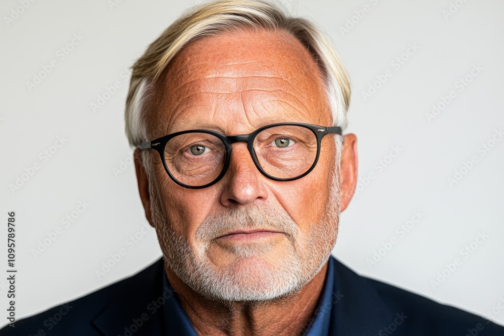 A close-up portrait of a senior man with silver hair and stylish glasses, isolated against a white backdrop. He has a calm and thoughtful expression, wearing a neatly pressed shirt, and the A close-up portrait of a senior man with silver hair and stylish glasses, isolated against a white backdrop. He has a calm and thoughtful expression, wearing a neatly pressed shirt, and the