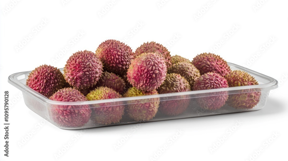 A close-up of a pile of lychees in a clear plastic container against a white background. A close-up of a pile of lychees in a clear plastic container against a white background.