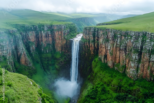 Aerial View of Stunning Waterfall Flowing Between Green Cliffs with Mist and Lush Valley Scenery, Ideal for Nature, Landscape, Travel, and Adventure Themes photo