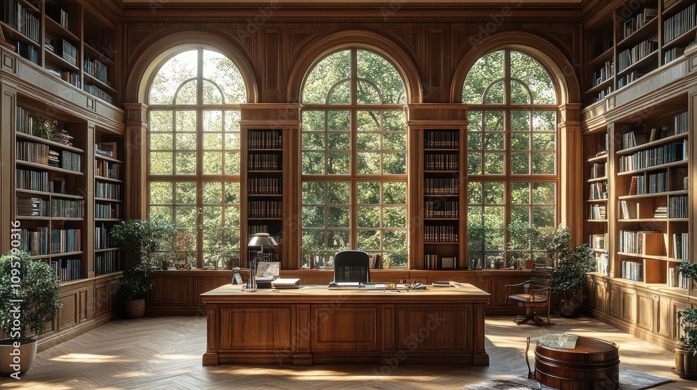Serene Study: A Luxurious Library with Sunlight Streaming Through Large Windows Serene Study: A Luxurious Library with Sunlight Streaming Through Large Windows
