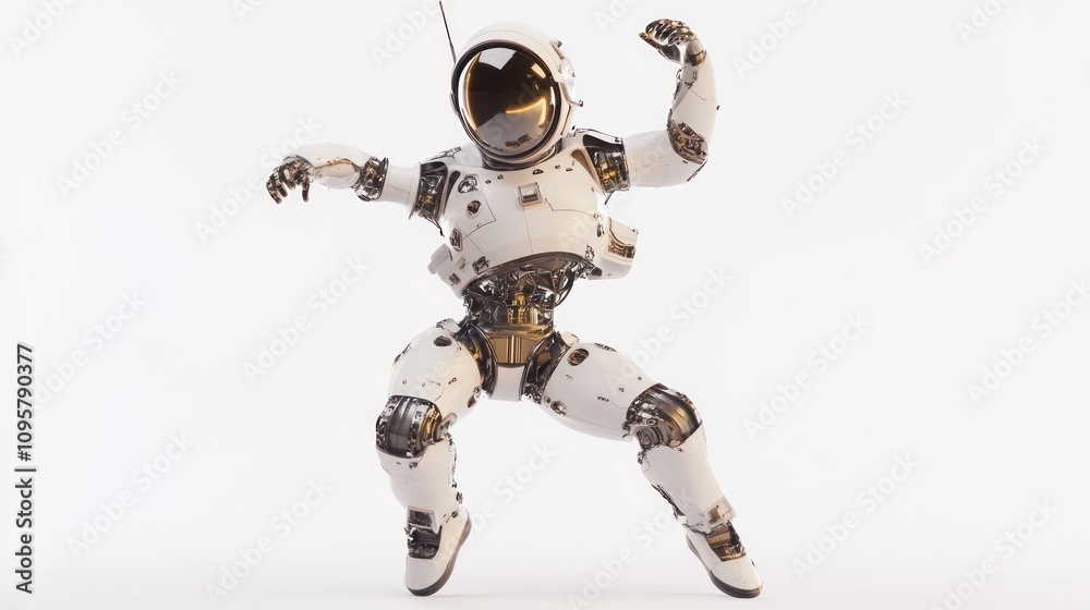A white robotic astronaut in a dancing pose with one arm raised and one leg extended. A white robotic astronaut in a dancing pose with one arm raised and one leg extended.