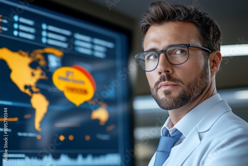 A focused businessman analyzing email security risks on a digital display. The interface features warning notifications for scam emails, spam filters, and virus alerts, with a cybersecurity