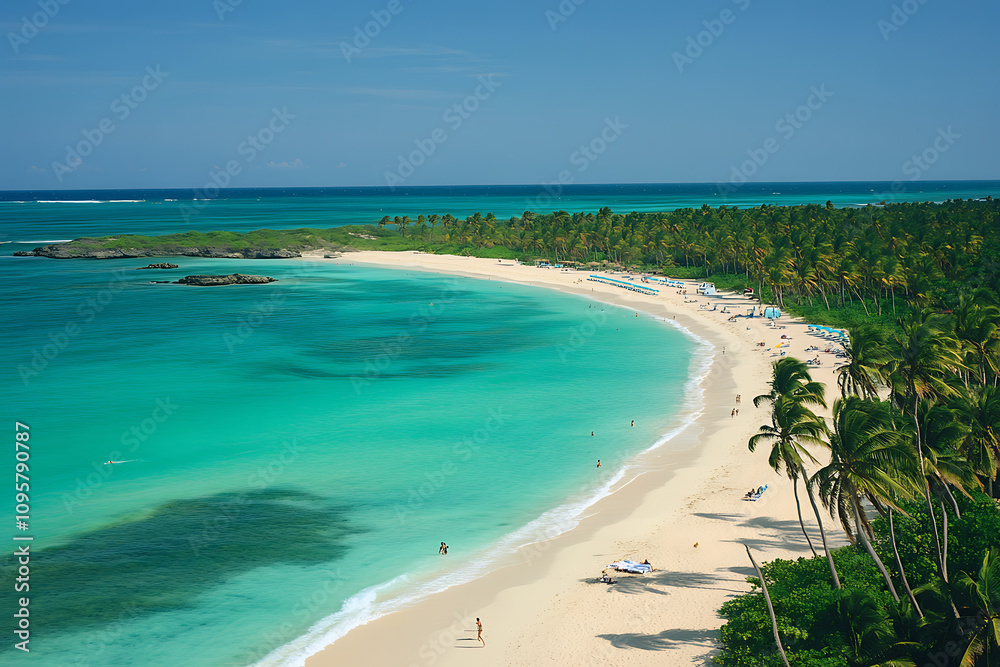 Tropical Beach with Turquoise Waters and Palm-Lined Shoreline Tropical Beach with Turquoise Waters and Palm-Lined Shoreline