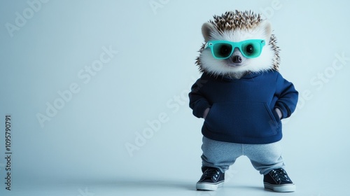 Cool hedgehog wearing sunglasses and a hoodie, standing with hands in pockets. photo