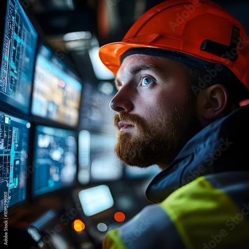 Engineer operator monitoring scada system in industrial control room with advanced technology and safety gear