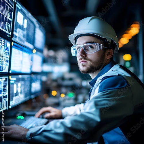 Engineer operator monitoring scada system in industrial facility with advanced technology and data visualization