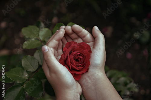 Canvastavla Hands gently cupped, holding a vibrant red rose (Rosa rubiginosa) with delicate petals