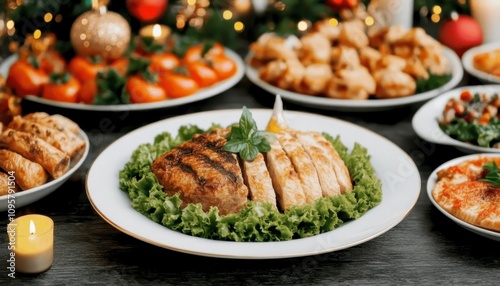 A roasted chicken dish served on a white plate with lettuce, garnished with a sprig of basil. The dish is surrounded