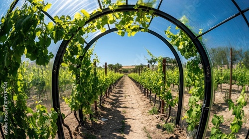 Vineyard archway with green vines and blue sky. photo